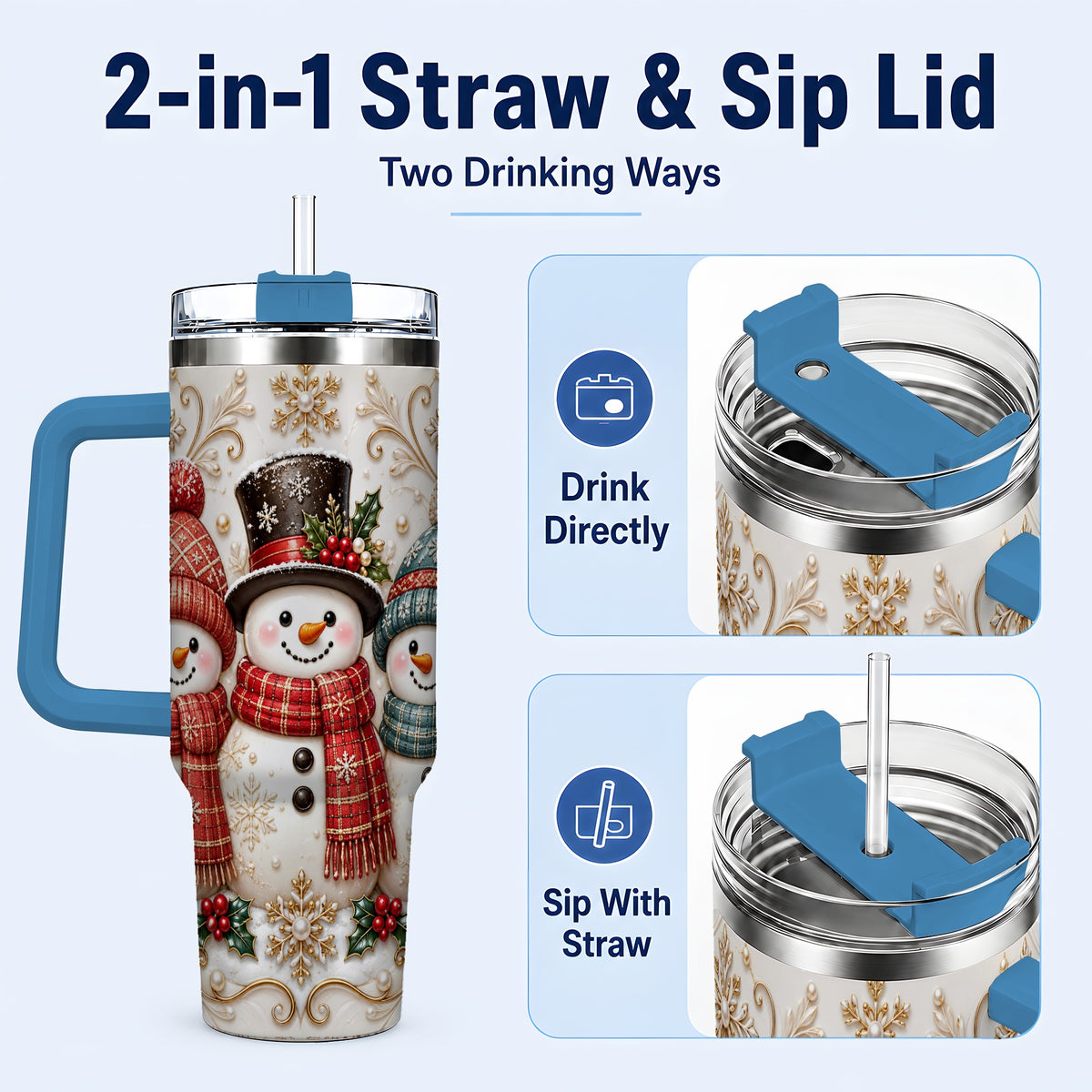 #pl[40oz|Blue] Snowman Trio 40oz Tumbler with Handle, Plaid Christmas Winter Drinkware