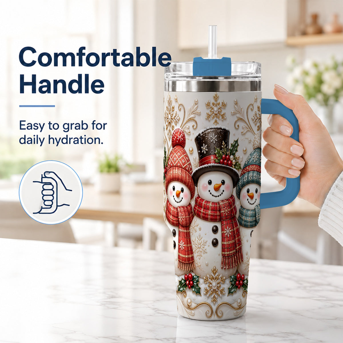 #pl[40oz|Blue] Snowman Trio 40oz Tumbler with Handle, Plaid Christmas Winter Drinkware