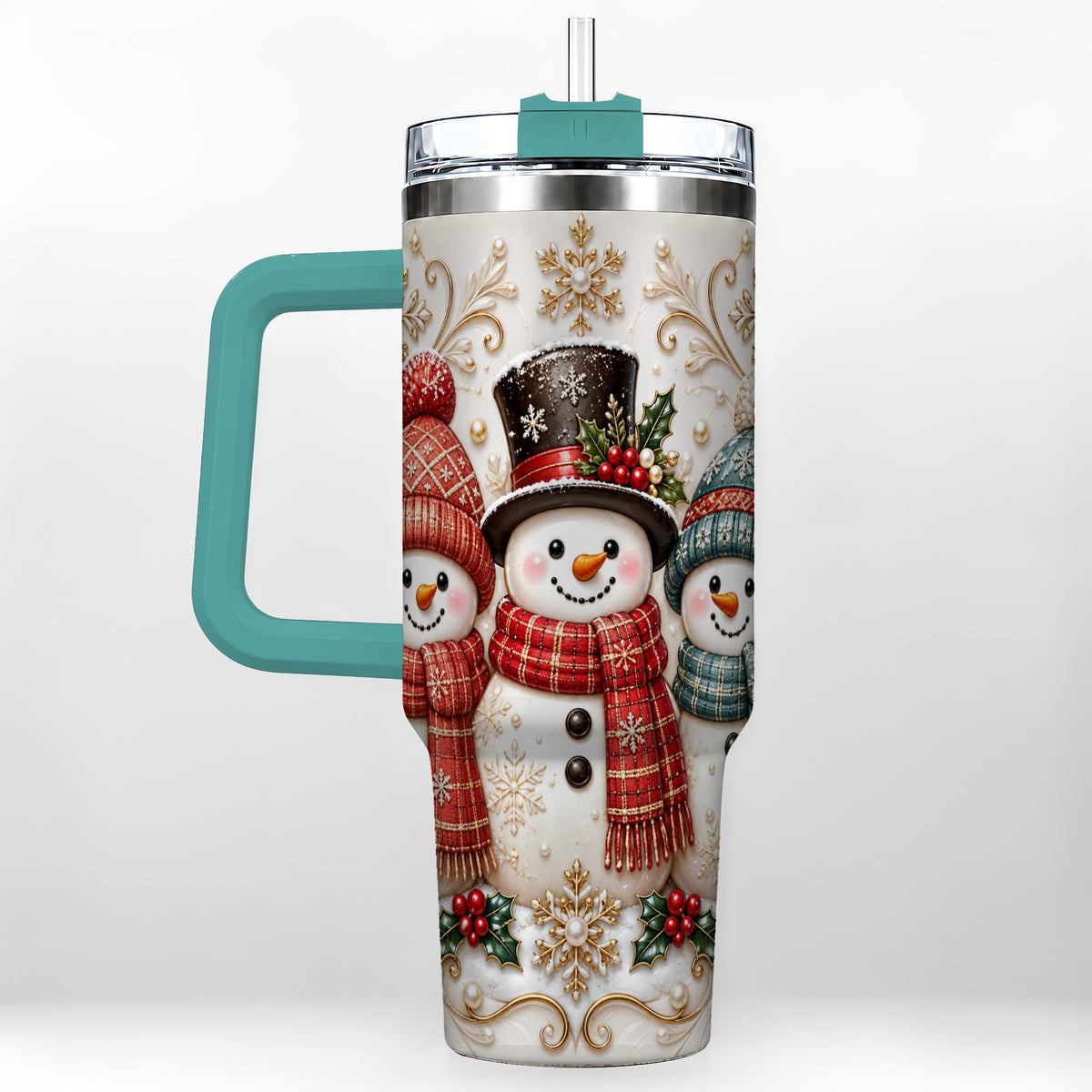 #pl[40oz|Green] Snowman Trio 40oz Tumbler with Handle, Plaid Christmas Winter Drinkware