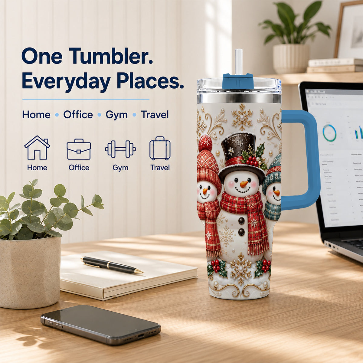 #pl[40oz|Blue] Snowman Trio 40oz Tumbler with Handle, Plaid Christmas Winter Drinkware