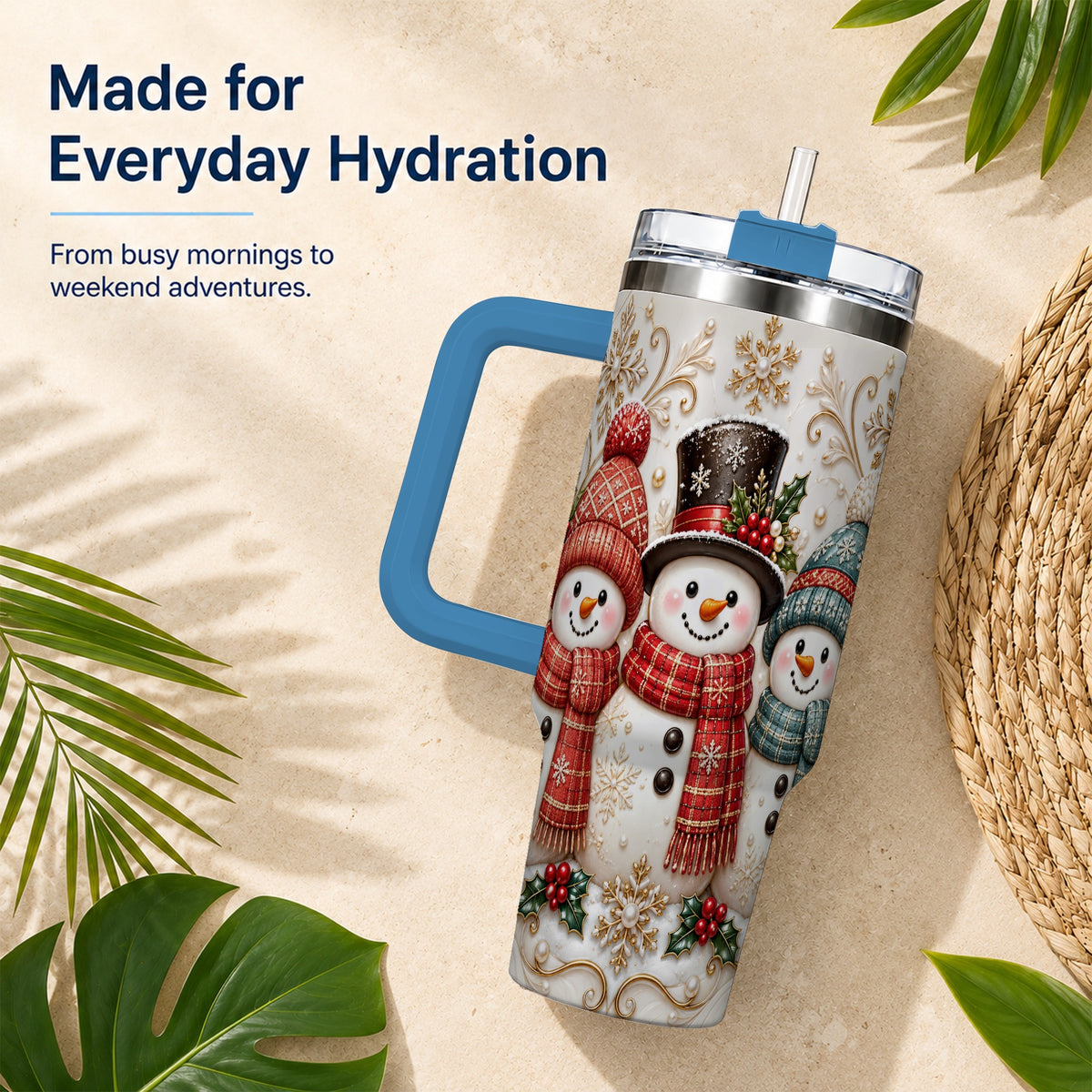 #pl[40oz|Blue] Snowman Trio 40oz Tumbler with Handle, Plaid Christmas Winter Drinkware