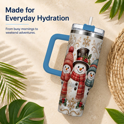 #pl[40oz|Blue] Snowman Trio 40oz Tumbler with Handle, Plaid Christmas Winter Drinkware