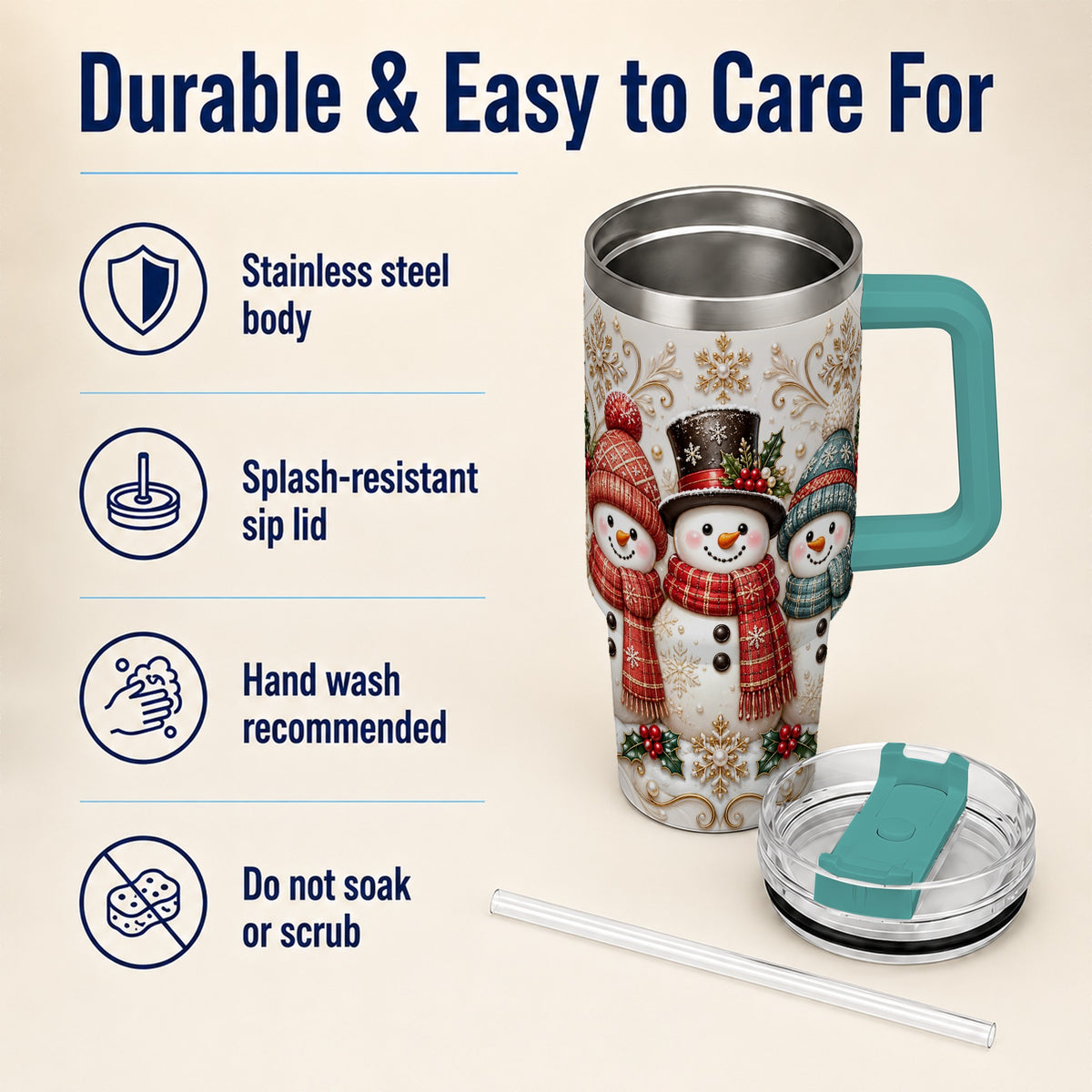 #pl[40oz|Green] Snowman Trio 40oz Tumbler with Handle, Plaid Christmas Winter Drinkware