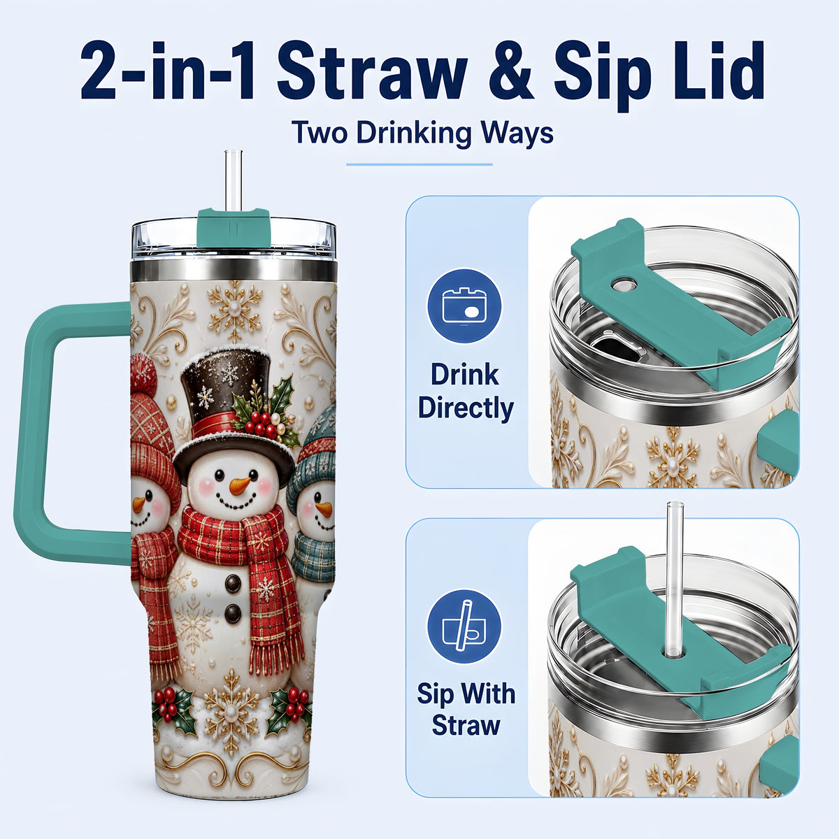 #pl[40oz|Green] Snowman Trio 40oz Tumbler with Handle, Plaid Christmas Winter Drinkware