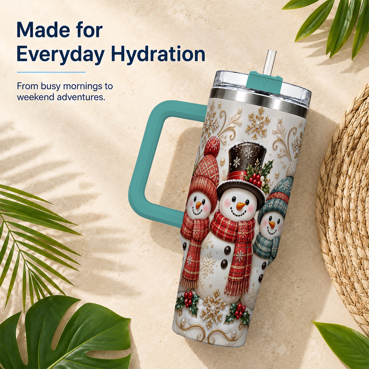 #pl[40oz|Green] Snowman Trio 40oz Tumbler with Handle, Plaid Christmas Winter Drinkware
