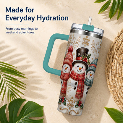 #pl[40oz|Green] Snowman Trio 40oz Tumbler with Handle, Plaid Christmas Winter Drinkware