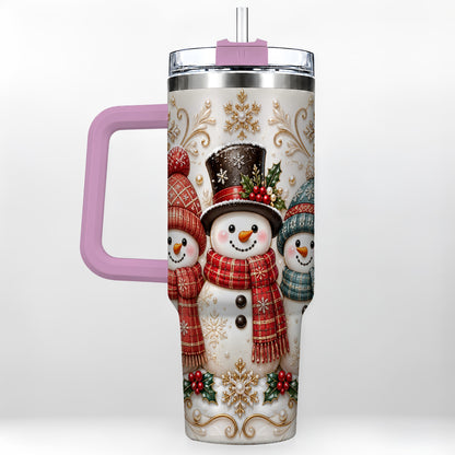 #pl[40oz|Pink] Snowman Trio 40oz Tumbler with Handle, Plaid Christmas Winter Drinkware