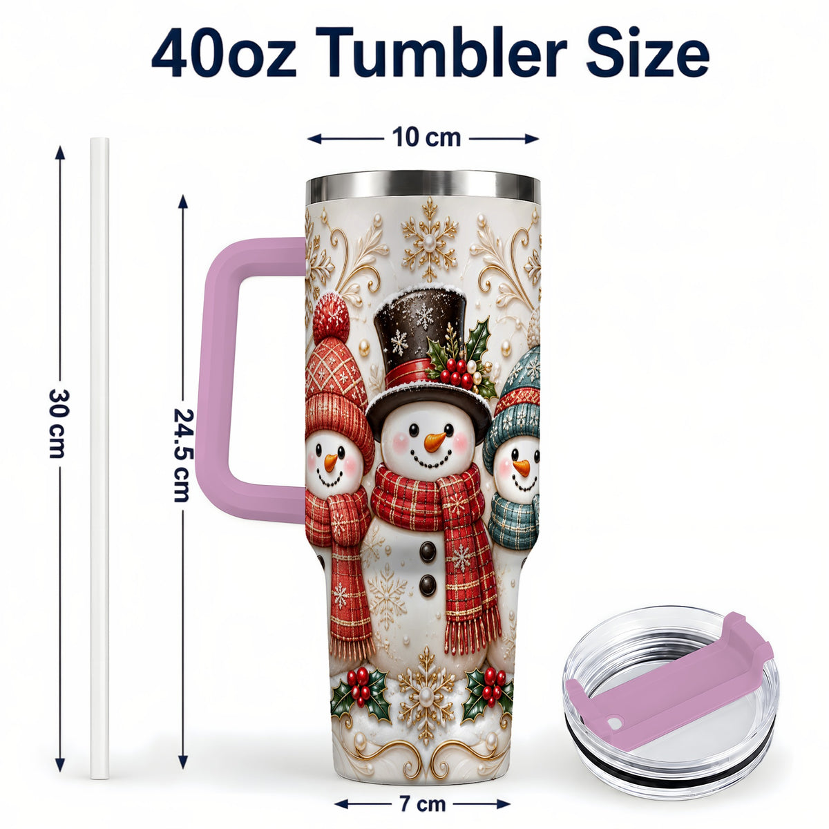 #pl[40oz|Pink] Snowman Trio 40oz Tumbler with Handle, Plaid Christmas Winter Drinkware
