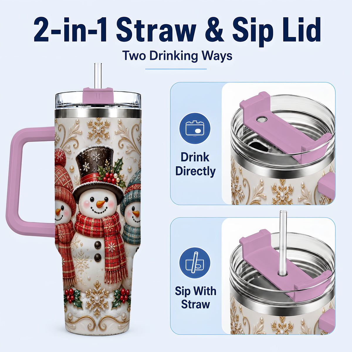 #pl[40oz|Pink] Snowman Trio 40oz Tumbler with Handle, Plaid Christmas Winter Drinkware