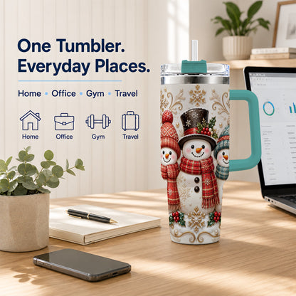 #pl[40oz|Green] Snowman Trio 40oz Tumbler with Handle, Plaid Christmas Winter Drinkware