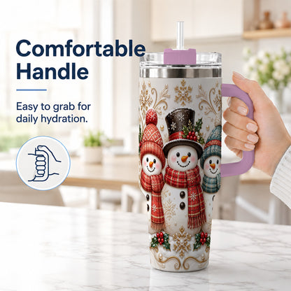 #pl[40oz|Pink] Snowman Trio 40oz Tumbler with Handle, Plaid Christmas Winter Drinkware