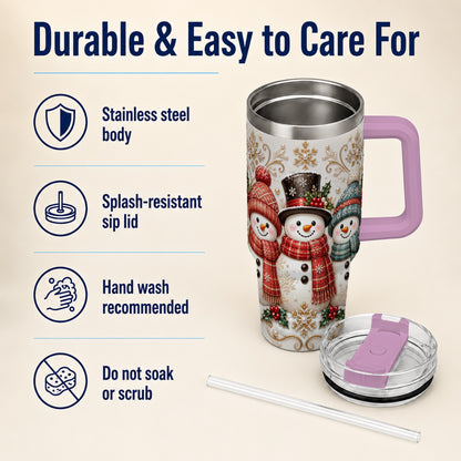 #pl[40oz|Pink] Snowman Trio 40oz Tumbler with Handle, Plaid Christmas Winter Drinkware