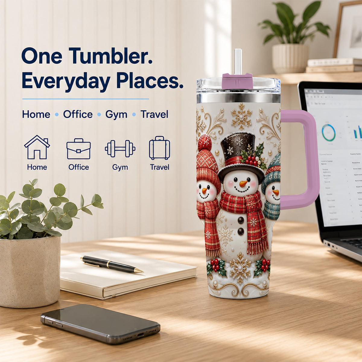 #pl[40oz|Pink] Snowman Trio 40oz Tumbler with Handle, Plaid Christmas Winter Drinkware