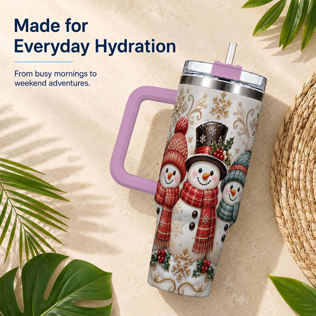 #pl[40oz|Pink] Snowman Trio 40oz Tumbler with Handle, Plaid Christmas Winter Drinkware