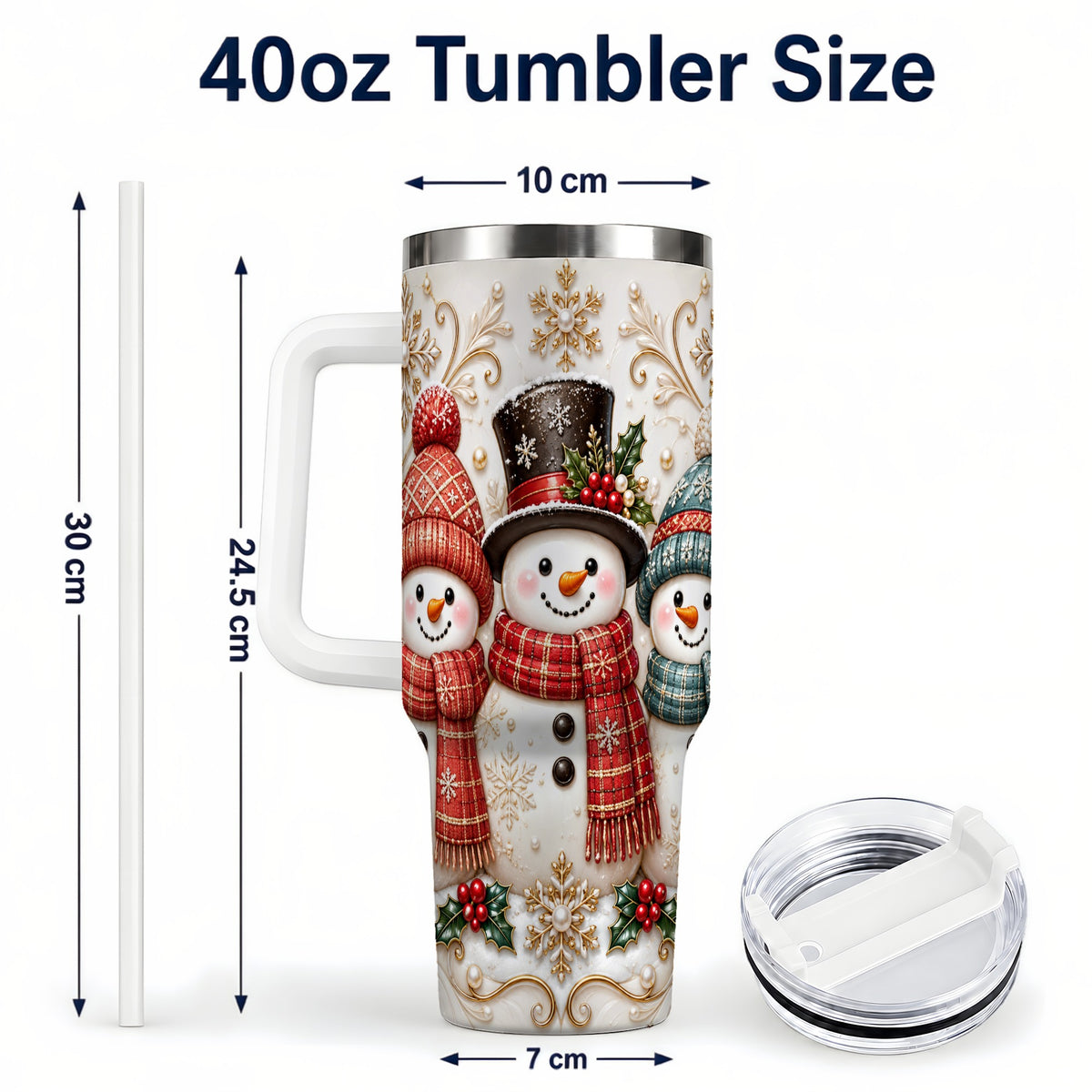 #pl[40oz|White] Snowman Trio 40oz Tumbler with Handle, Plaid Christmas Winter Drinkware