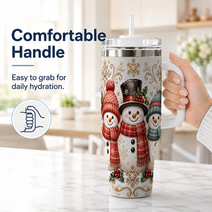 #pl[40oz|White] Snowman Trio 40oz Tumbler with Handle, Plaid Christmas Winter Drinkware