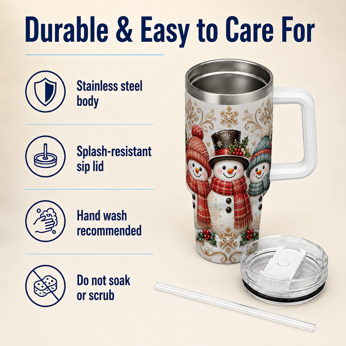 #pl[40oz|White] Snowman Trio 40oz Tumbler with Handle, Plaid Christmas Winter Drinkware