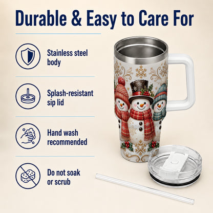 #pl[40oz|White] Snowman Trio 40oz Tumbler with Handle, Plaid Christmas Winter Drinkware