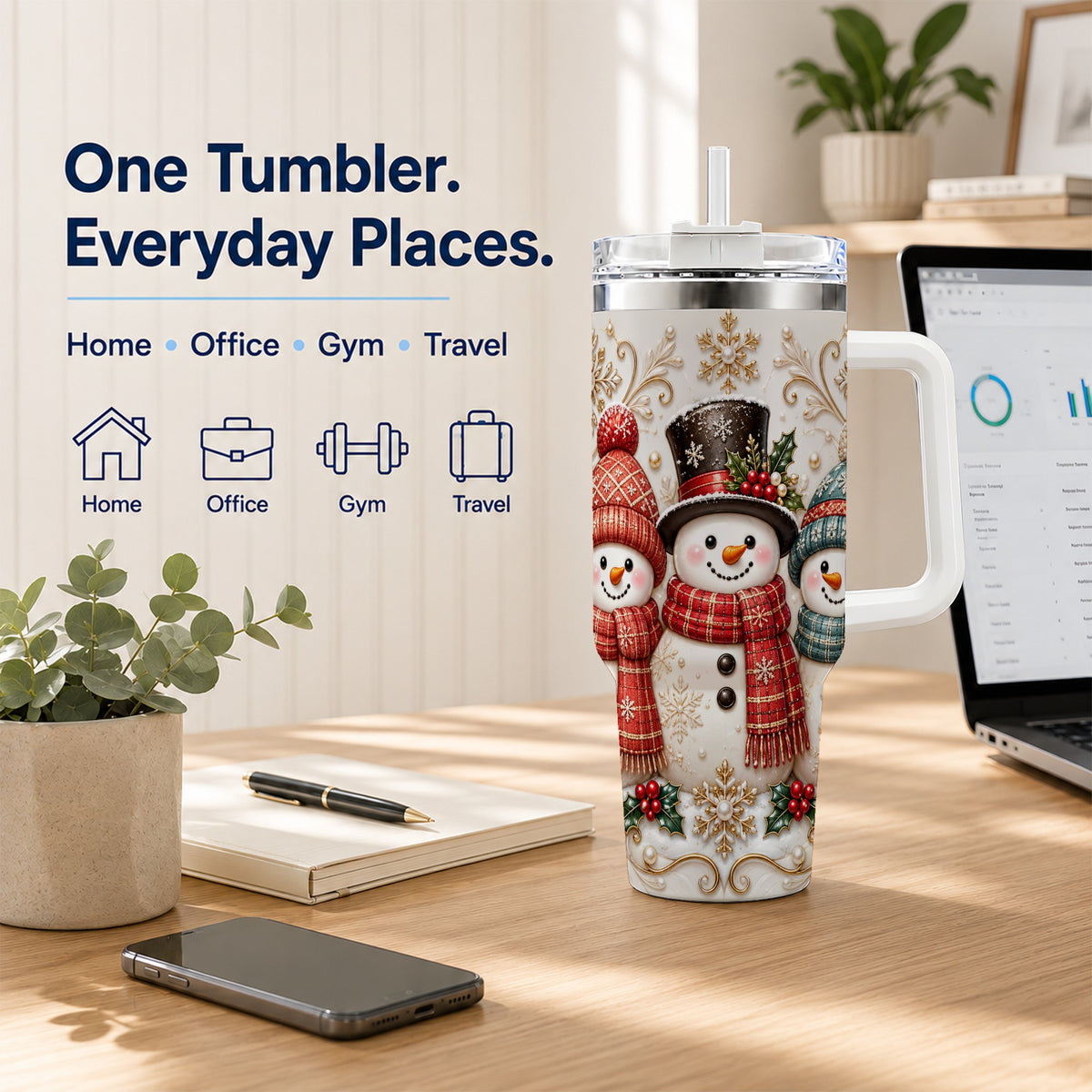 #pl[40oz|White] Snowman Trio 40oz Tumbler with Handle, Plaid Christmas Winter Drinkware