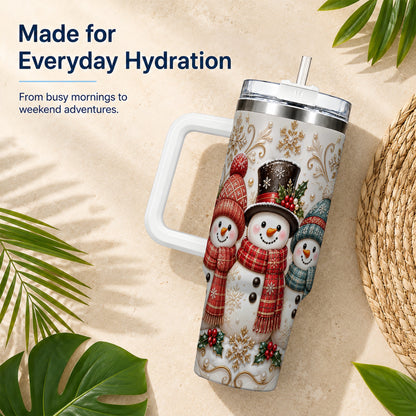 #pl[40oz|White] Snowman Trio 40oz Tumbler with Handle, Plaid Christmas Winter Drinkware