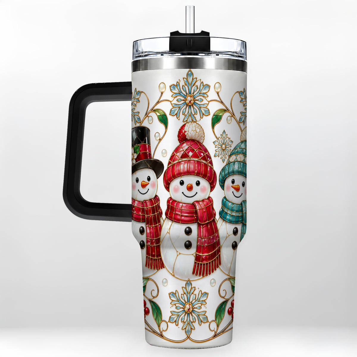 #pl[40oz|Black] Stained Glass Snowman 40oz Tumbler with Handle, Christmas Winter Drinkware