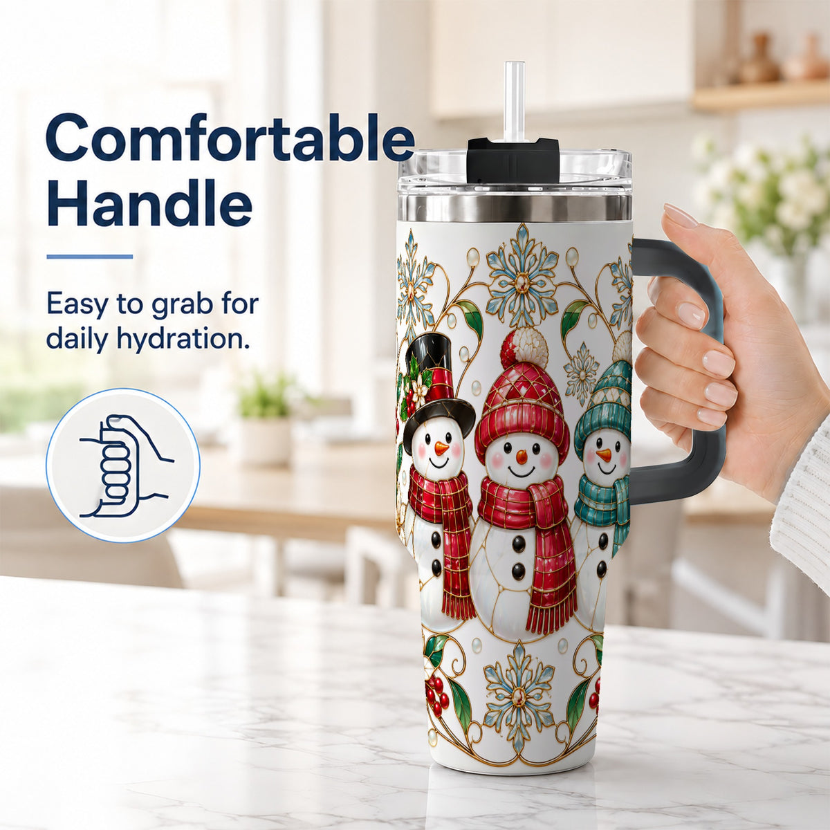 #pl[40oz|Black] Stained Glass Snowman 40oz Tumbler with Handle, Christmas Winter Drinkware