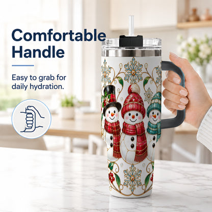 #pl[40oz|Black] Stained Glass Snowman 40oz Tumbler with Handle, Christmas Winter Drinkware