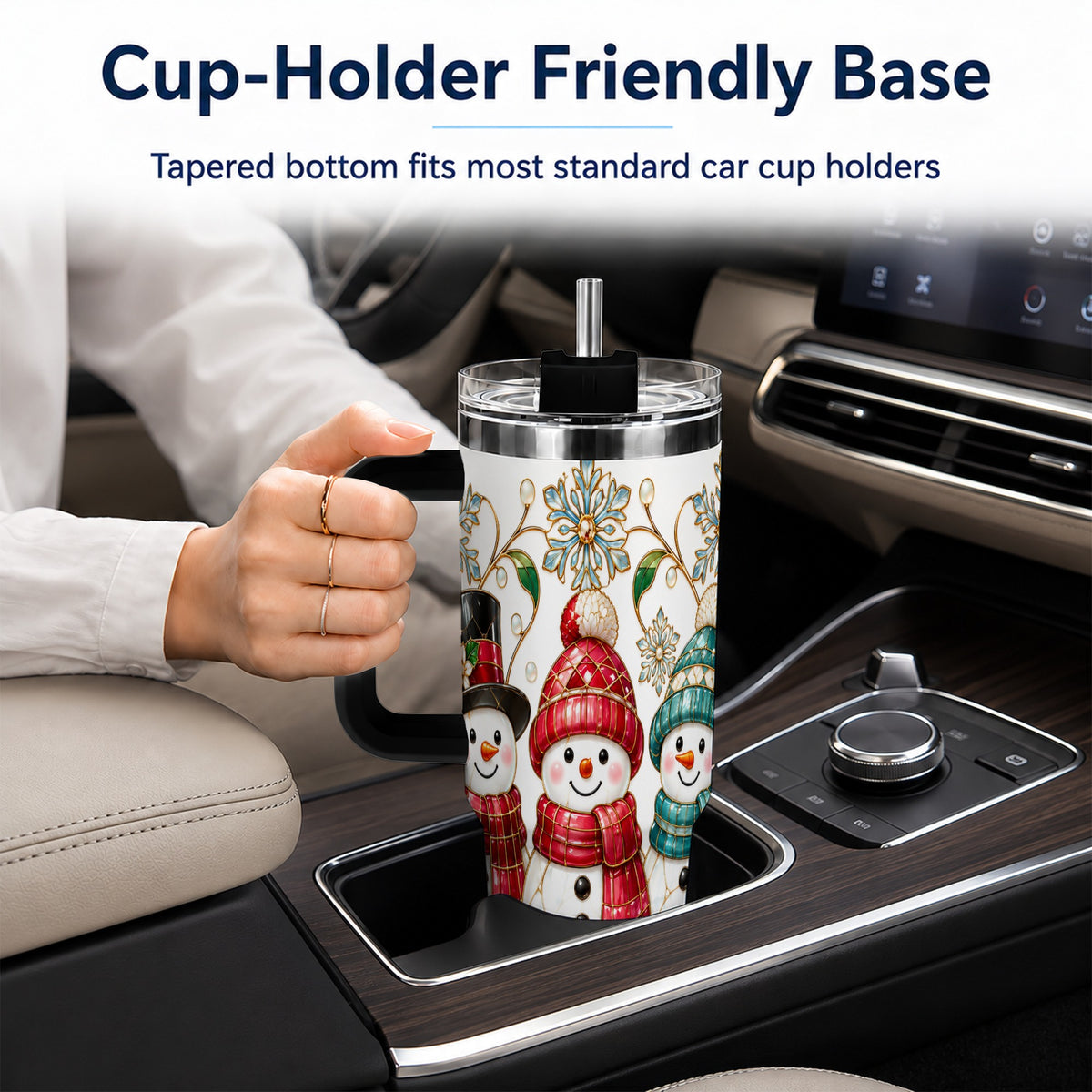 #pl[40oz|Black] Stained Glass Snowman 40oz Tumbler with Handle, Christmas Winter Drinkware