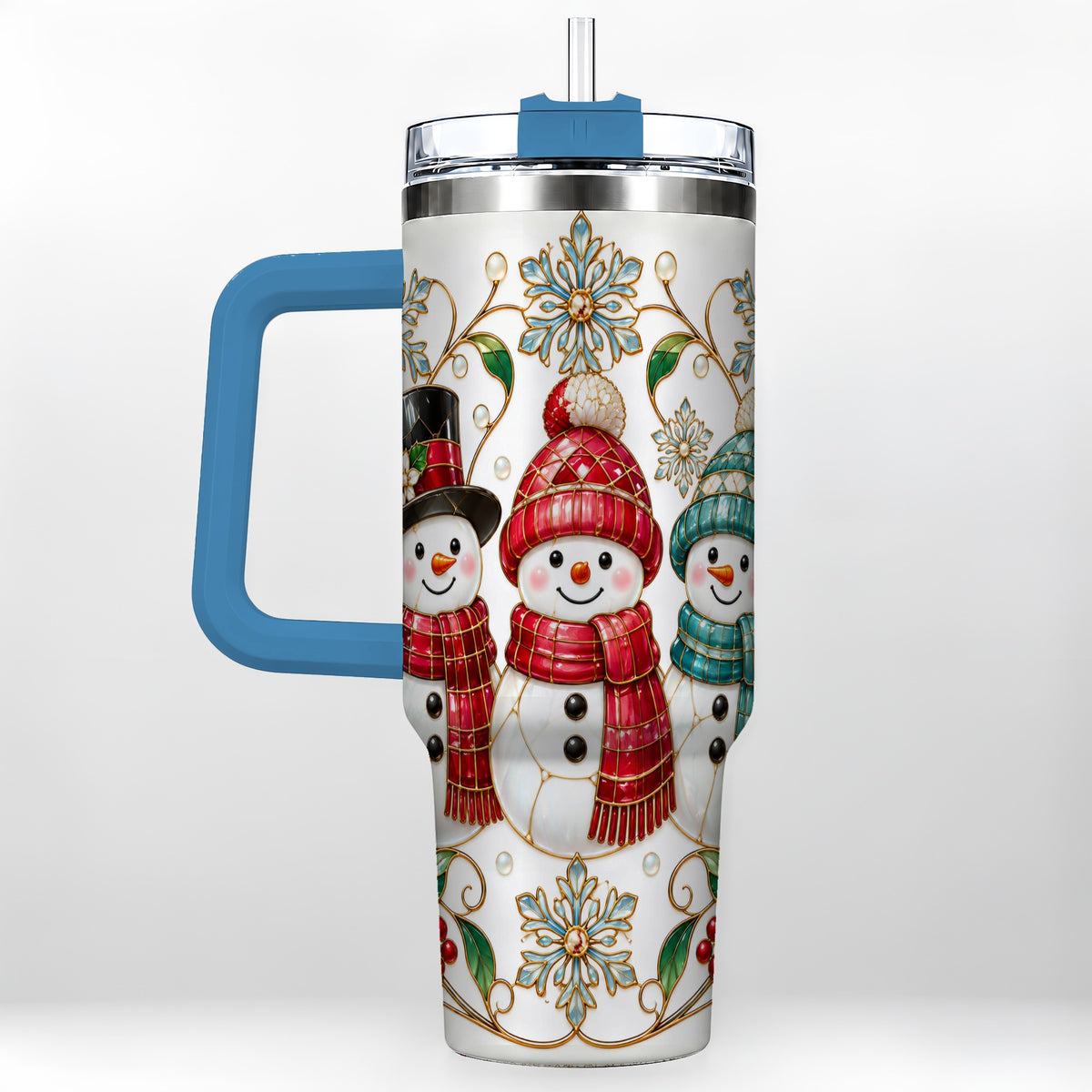 #pl[40oz|Blue] Stained Glass Snowman 40oz Tumbler with Handle, Christmas Winter Drinkware