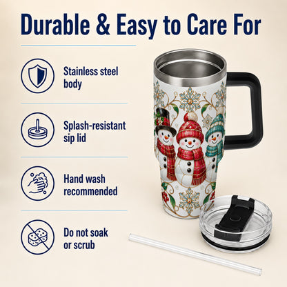#pl[40oz|Black] Stained Glass Snowman 40oz Tumbler with Handle, Christmas Winter Drinkware