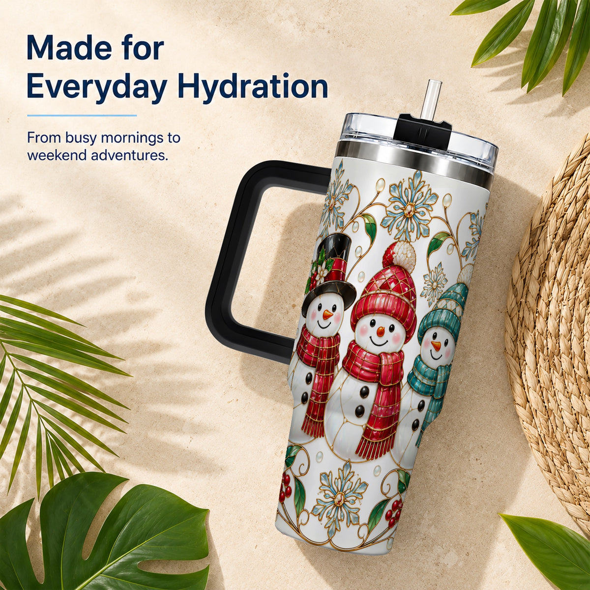 #pl[40oz|Black] Stained Glass Snowman 40oz Tumbler with Handle, Christmas Winter Drinkware