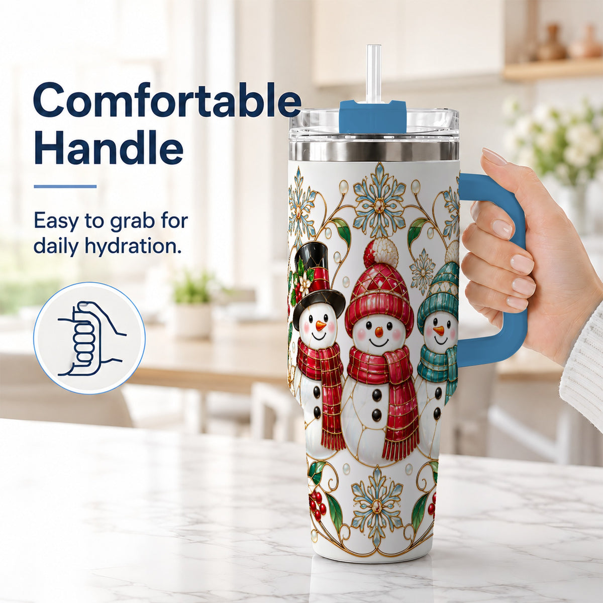 #pl[40oz|Blue] Stained Glass Snowman 40oz Tumbler with Handle, Christmas Winter Drinkware