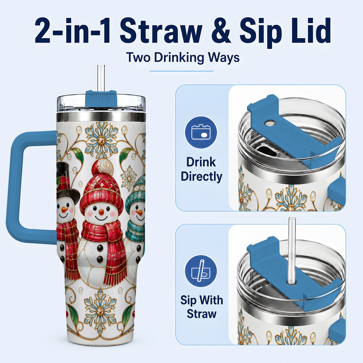 #pl[40oz|Blue] Stained Glass Snowman 40oz Tumbler with Handle, Christmas Winter Drinkware