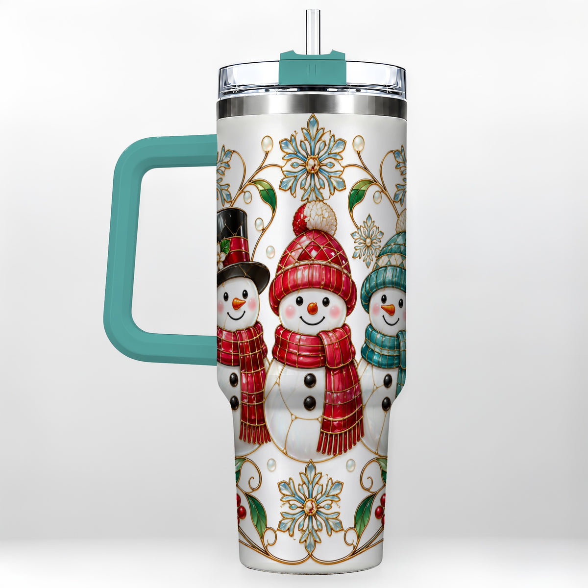 #pl[40oz|Green] Stained Glass Snowman 40oz Tumbler with Handle, Christmas Winter Drinkware