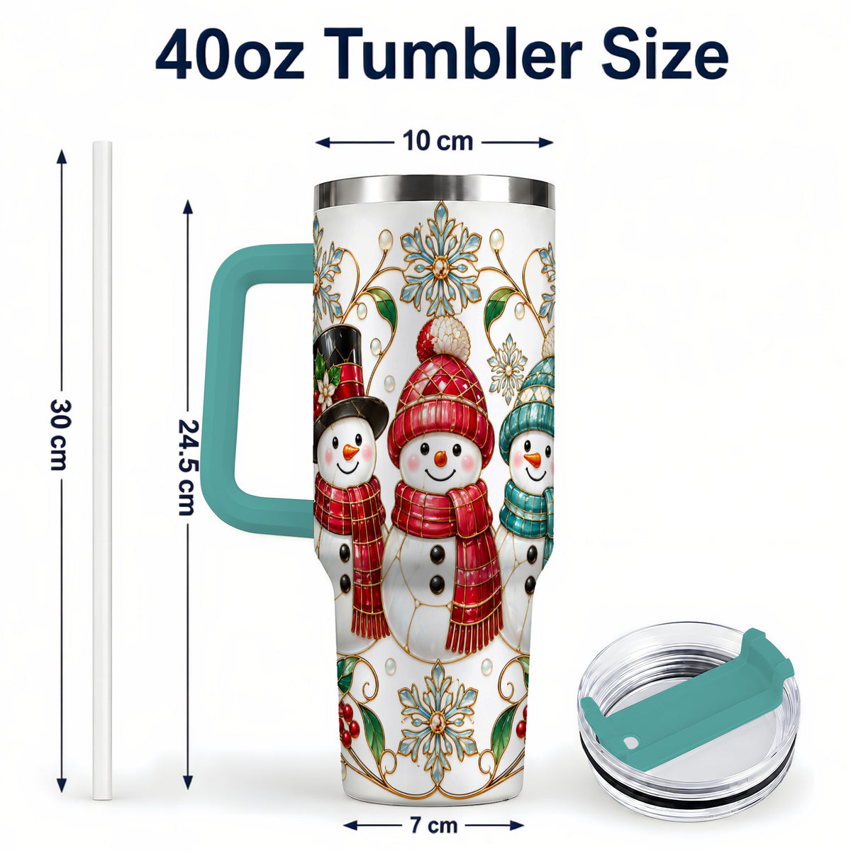 #pl[40oz|Green] Stained Glass Snowman 40oz Tumbler with Handle, Christmas Winter Drinkware