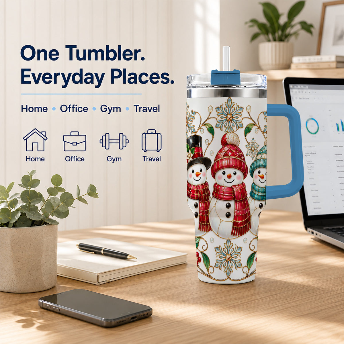 #pl[40oz|Blue] Stained Glass Snowman 40oz Tumbler with Handle, Christmas Winter Drinkware