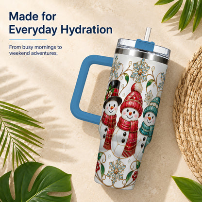 #pl[40oz|Blue] Stained Glass Snowman 40oz Tumbler with Handle, Christmas Winter Drinkware