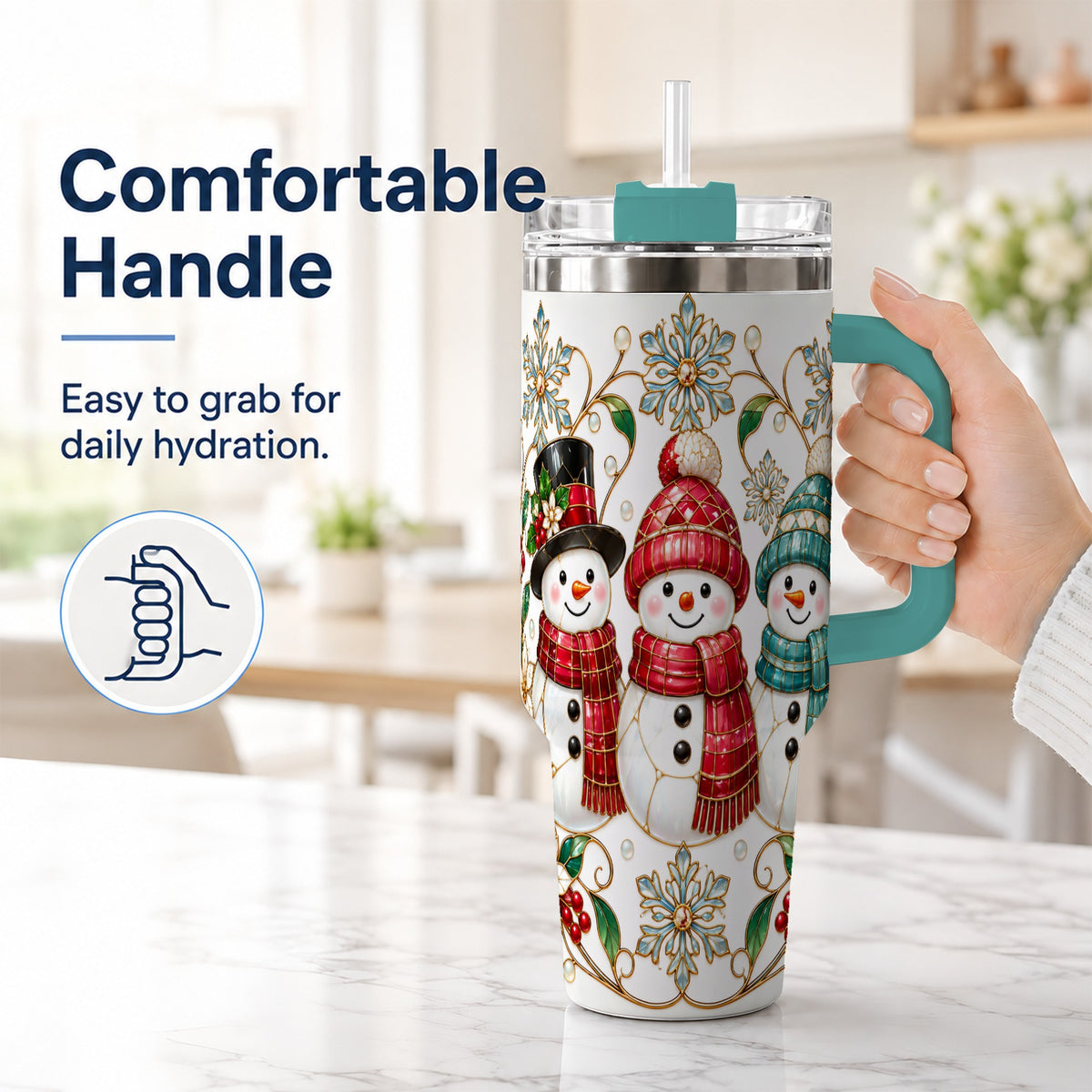 #pl[40oz|Green] Stained Glass Snowman 40oz Tumbler with Handle, Christmas Winter Drinkware