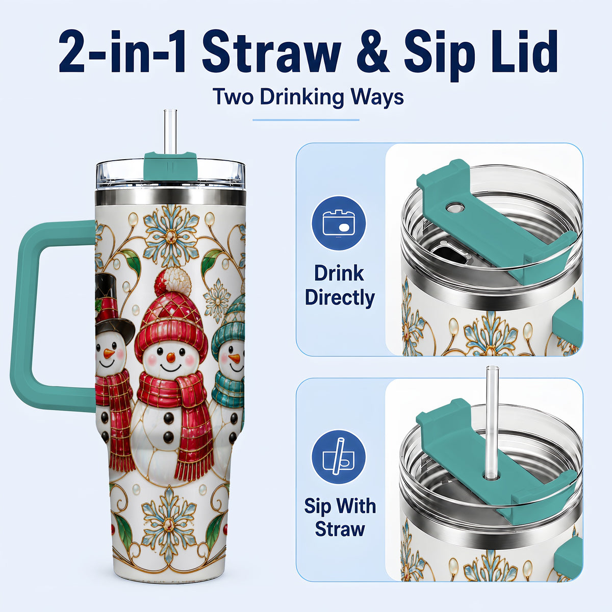 #pl[40oz|Green] Stained Glass Snowman 40oz Tumbler with Handle, Christmas Winter Drinkware