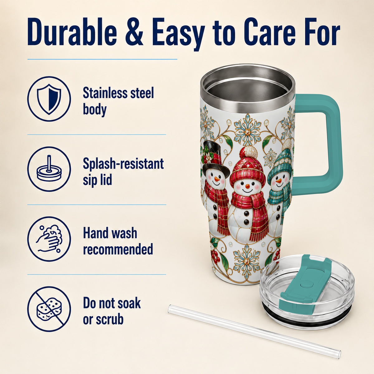 #pl[40oz|Green] Stained Glass Snowman 40oz Tumbler with Handle, Christmas Winter Drinkware