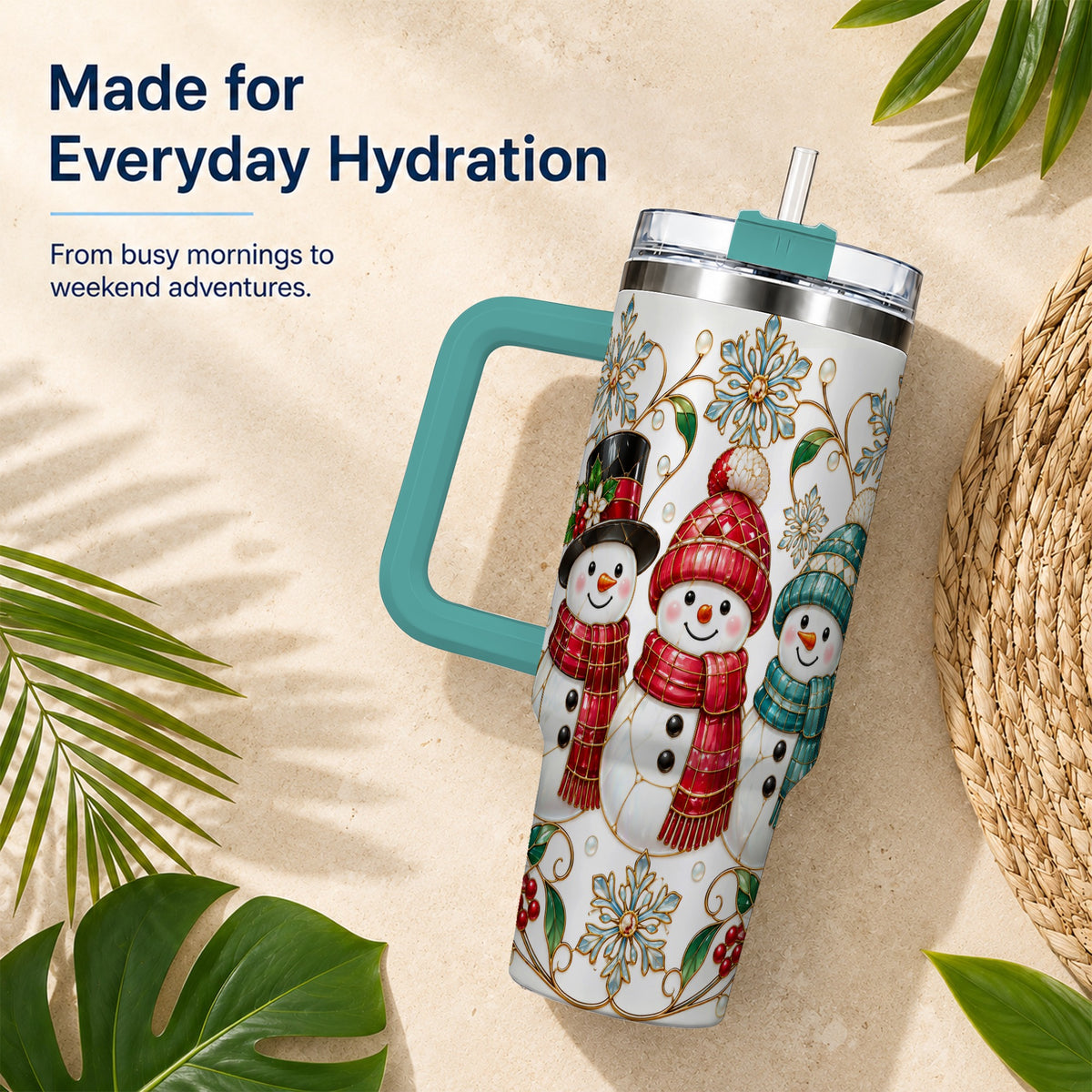 #pl[40oz|Green] Stained Glass Snowman 40oz Tumbler with Handle, Christmas Winter Drinkware