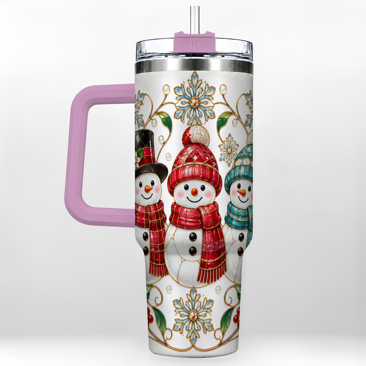 #pl[40oz|Pink] Stained Glass Snowman 40oz Tumbler with Handle, Christmas Winter Drinkware
