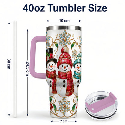 #pl[40oz|Pink] Stained Glass Snowman 40oz Tumbler with Handle, Christmas Winter Drinkware