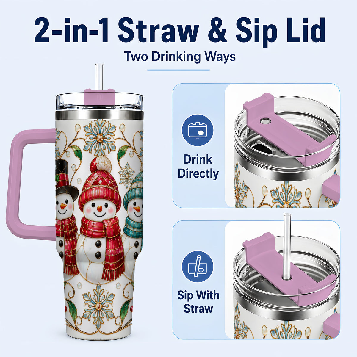 #pl[40oz|Pink] Stained Glass Snowman 40oz Tumbler with Handle, Christmas Winter Drinkware