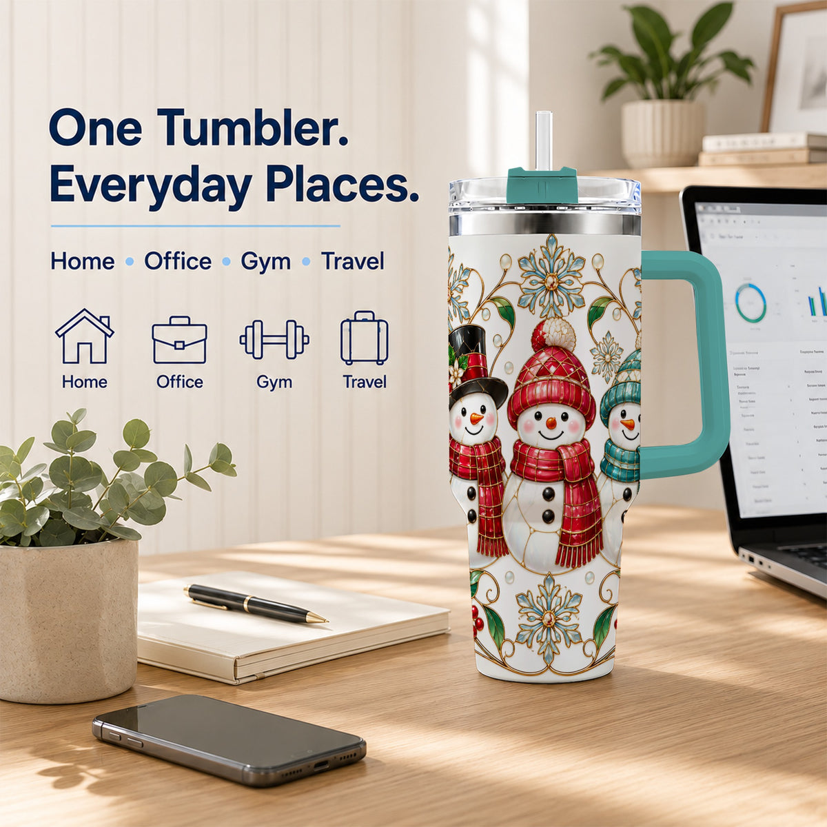 #pl[40oz|Green] Stained Glass Snowman 40oz Tumbler with Handle, Christmas Winter Drinkware