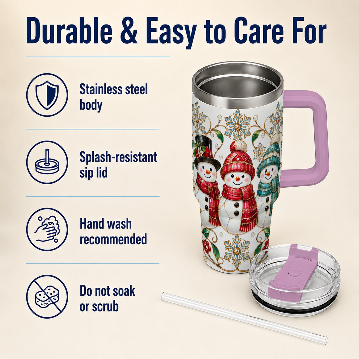 #pl[40oz|Pink] Stained Glass Snowman 40oz Tumbler with Handle, Christmas Winter Drinkware