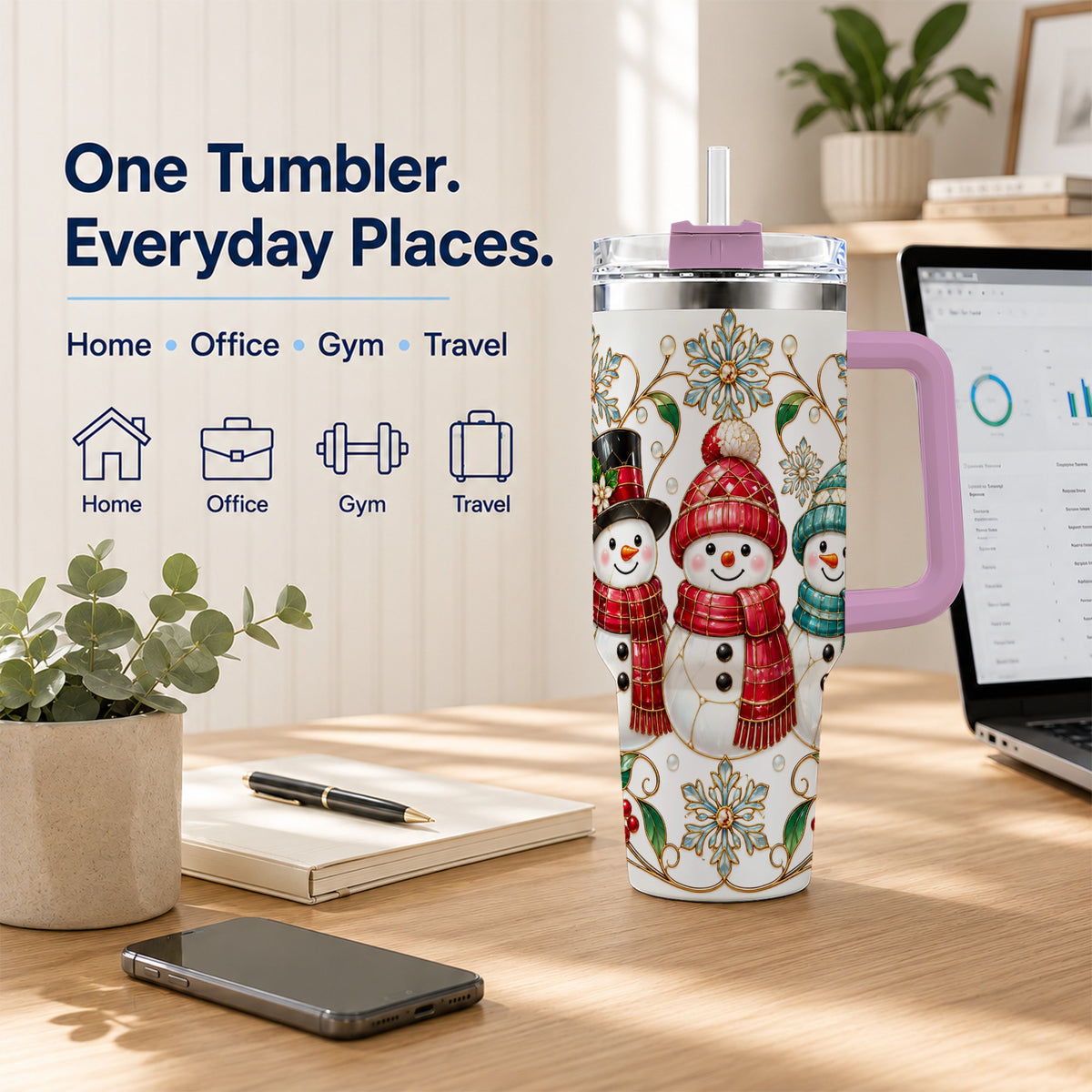 #pl[40oz|Pink] Stained Glass Snowman 40oz Tumbler with Handle, Christmas Winter Drinkware
