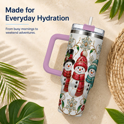 #pl[40oz|Pink] Stained Glass Snowman 40oz Tumbler with Handle, Christmas Winter Drinkware