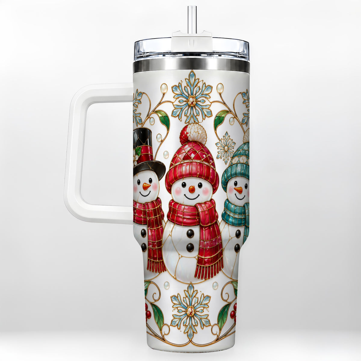 Stained Glass Snowman 40oz Tumbler with Handle, Christmas Winter Drinkware