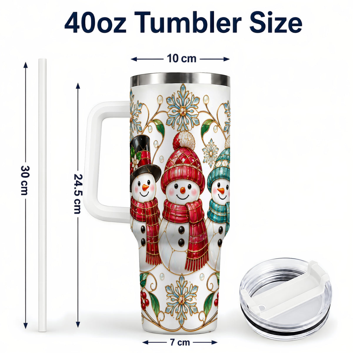 #pl[40oz|White] Stained Glass Snowman 40oz Tumbler with Handle, Christmas Winter Drinkware